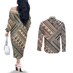 Niho Taniwha Kowhaiwhai Couples Matching Off The Shoulder Long Sleeve Dress and Long Sleeve Button Shirt