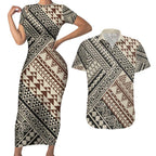 Niho Taniwha Kowhaiwhai Couples Matching Short Sleeve Bodycon Dress and Hawaiian Shirt