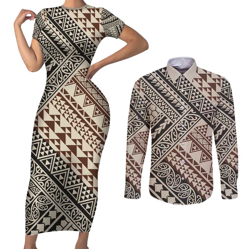Niho Taniwha Kowhaiwhai Couples Matching Short Sleeve Bodycon Dress and Long Sleeve Button Shirt