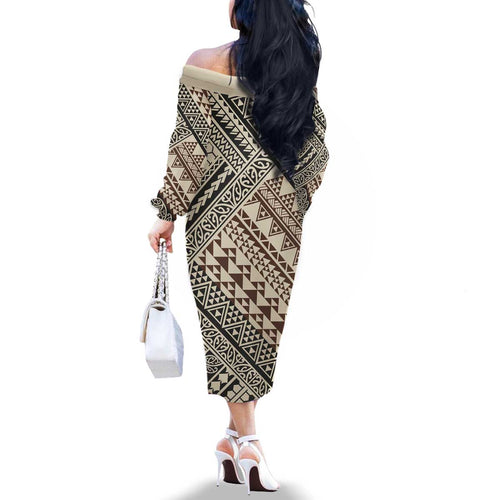 Niho Taniwha Kowhaiwhai Family Matching Off The Shoulder Long Sleeve Dress and Hawaiian Shirt