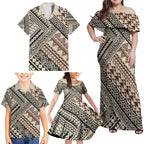 Niho Taniwha Kowhaiwhai Family Matching Off Shoulder Maxi Dress and Hawaiian Shirt