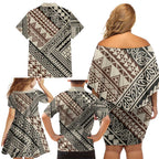 Niho Taniwha Kowhaiwhai Family Matching Off Shoulder Short Dress and Hawaiian Shirt