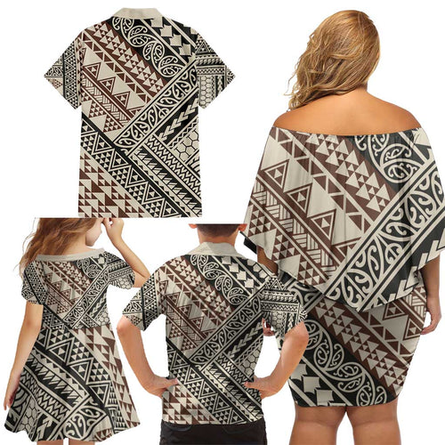Niho Taniwha Kowhaiwhai Family Matching Off Shoulder Short Dress and Hawaiian Shirt