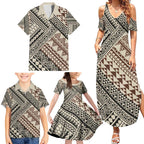 Niho Taniwha Kowhaiwhai Family Matching Summer Maxi Dress and Hawaiian Shirt