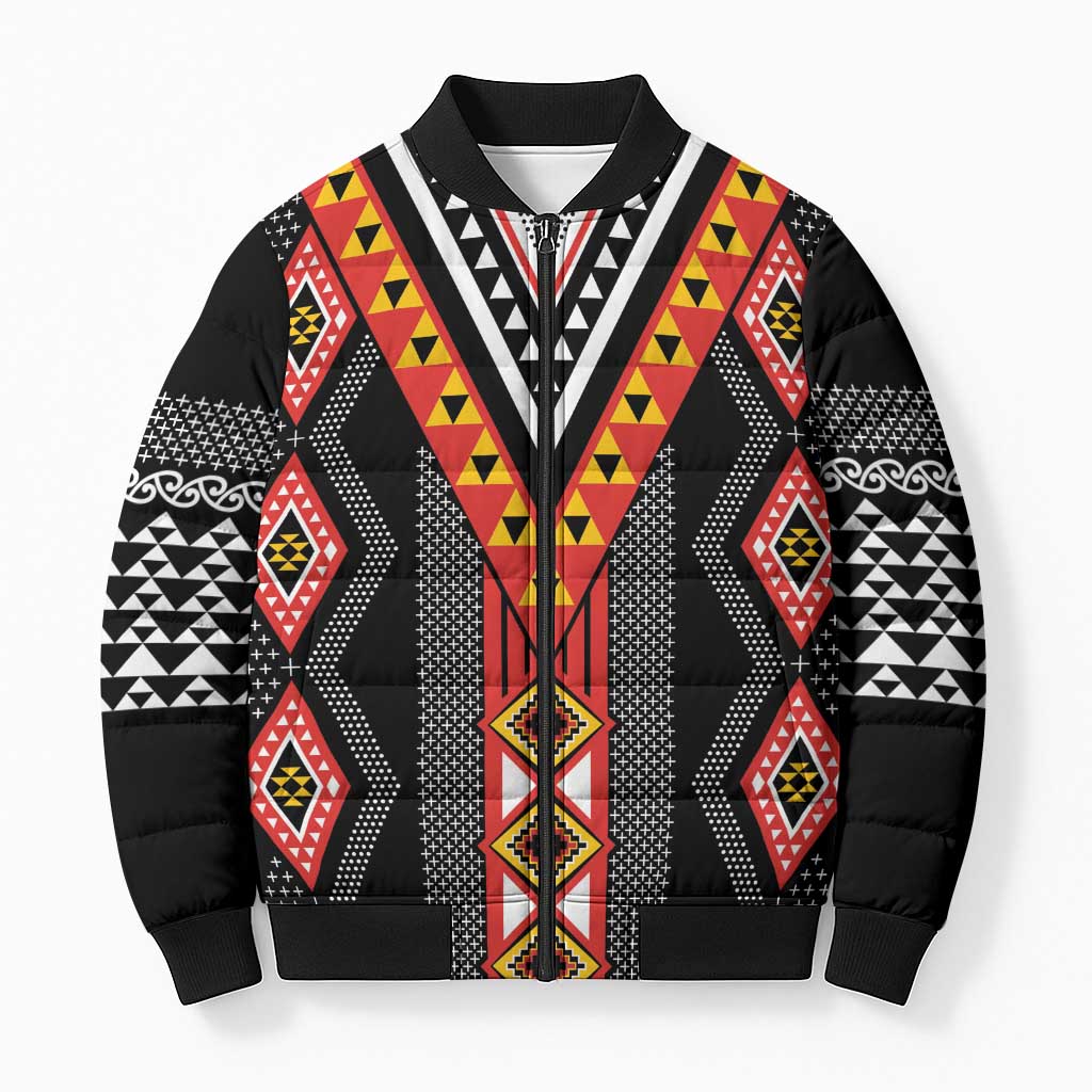 Niho Taniwha Taniko Motif Bomber Puffer Jacket - Aussie Hoodie