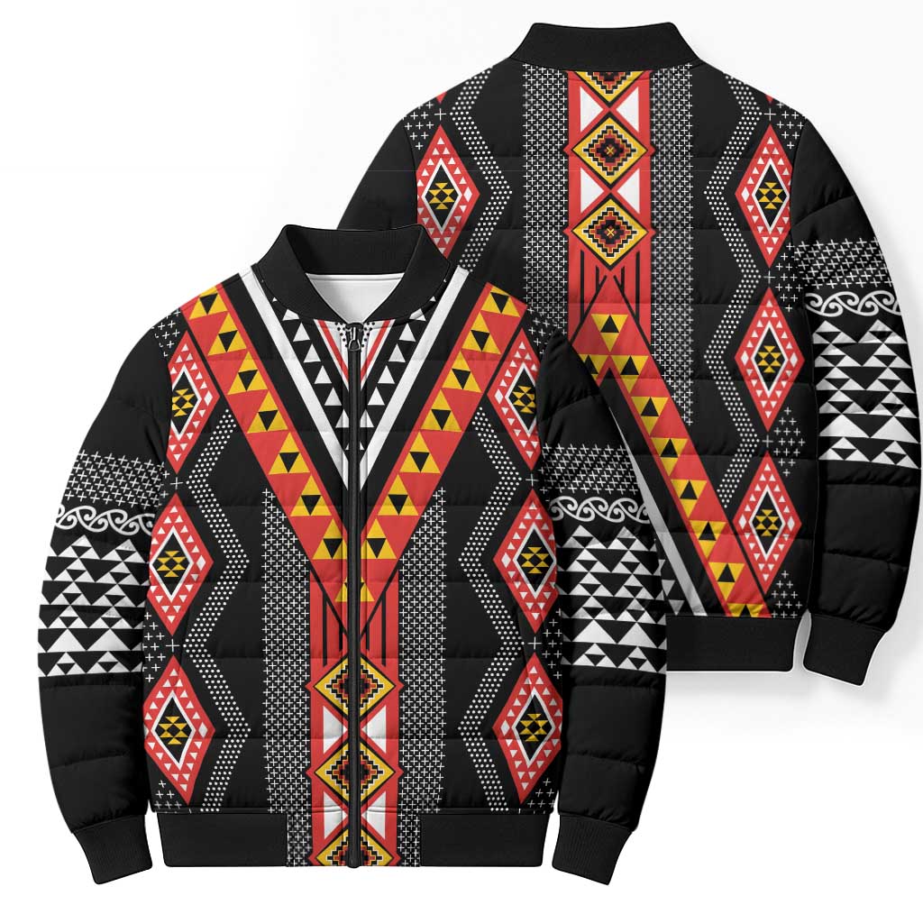 Niho Taniwha Taniko Motif Bomber Puffer Jacket - Aussie Hoodie