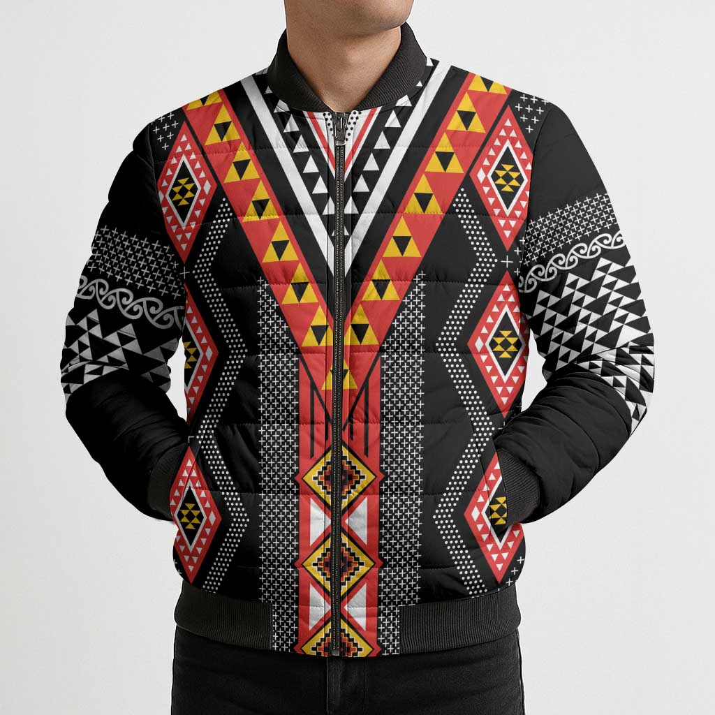 Niho Taniwha Taniko Motif Bomber Puffer Jacket - Aussie Hoodie