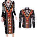 Niho Taniwha Taniko Motif Couples Matching Long Sleeve Bodycon Dress and Long Sleeve Button Shirt