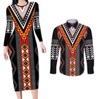Niho Taniwha Taniko Motif Couples Matching Long Sleeve Bodycon Dress and Long Sleeve Button Shirt
