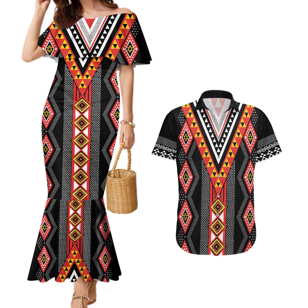Niho Taniwha Taniko Motif Couples Matching Mermaid Dress and Hawaiian Shirt