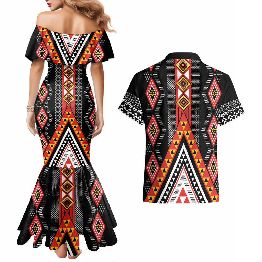 Niho Taniwha Taniko Motif Couples Matching Mermaid Dress and Hawaiian Shirt