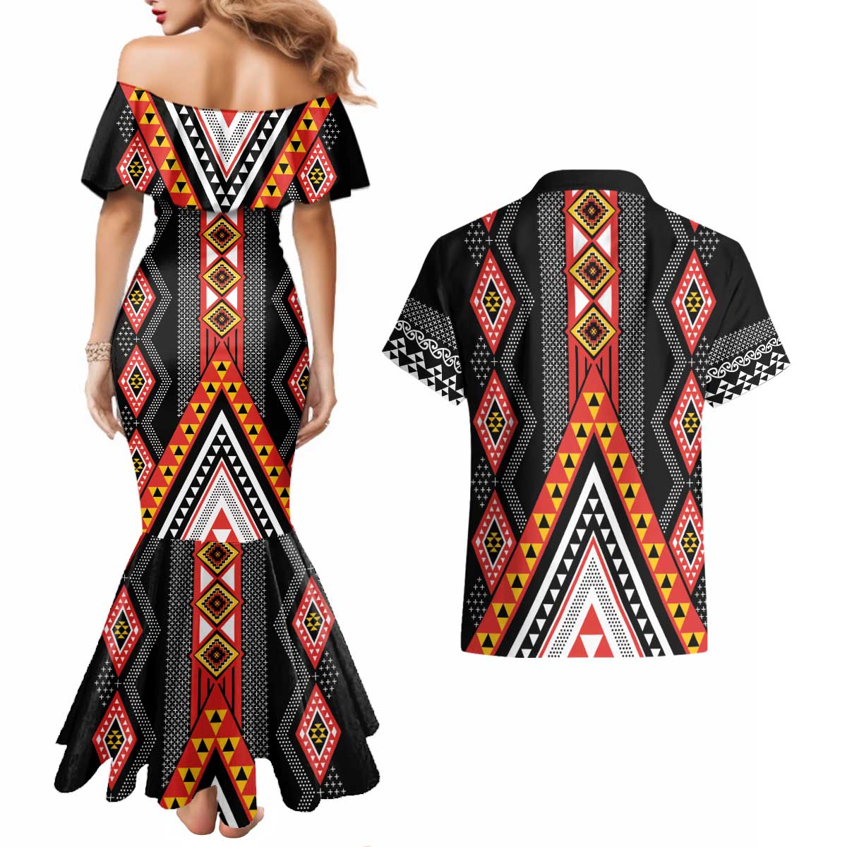 Niho Taniwha Taniko Motif Couples Matching Mermaid Dress and Hawaiian Shirt