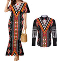 Niho Taniwha Taniko Motif Couples Matching Mermaid Dress and Long Sleeve Button Shirt
