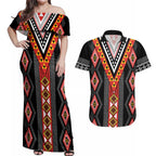 Niho Taniwha Taniko Motif Couples Matching Off Shoulder Maxi Dress and Hawaiian Shirt