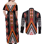 Niho Taniwha Taniko Motif Couples Matching Off Shoulder Maxi Dress and Long Sleeve Button Shirt