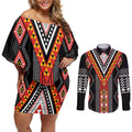 Niho Taniwha Taniko Motif Couples Matching Off Shoulder Short Dress and Long Sleeve Button Shirt