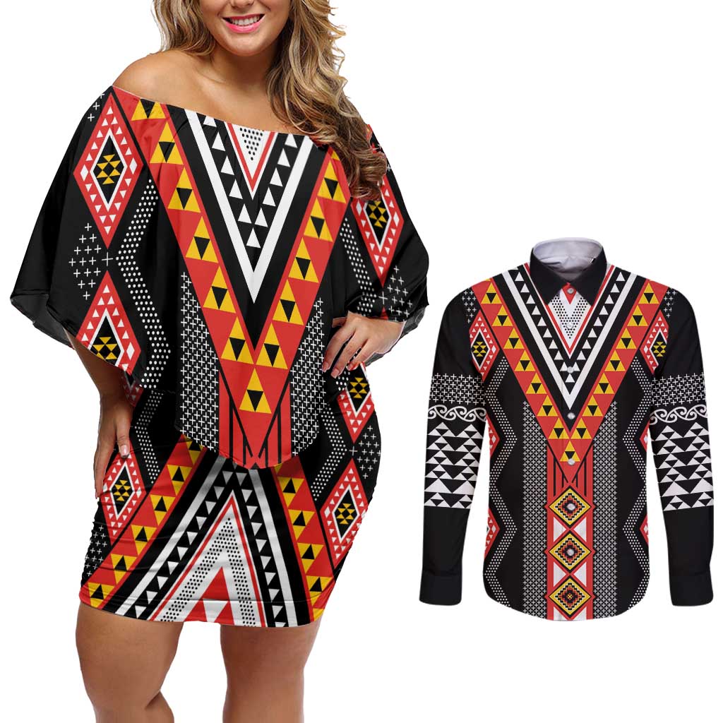 Niho Taniwha Taniko Motif Couples Matching Off Shoulder Short Dress and Long Sleeve Button Shirt