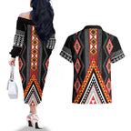 Niho Taniwha Taniko Motif Couples Matching Off The Shoulder Long Sleeve Dress and Hawaiian Shirt