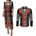 Niho Taniwha Taniko Motif Couples Matching Puletasi and Long Sleeve Button Shirt