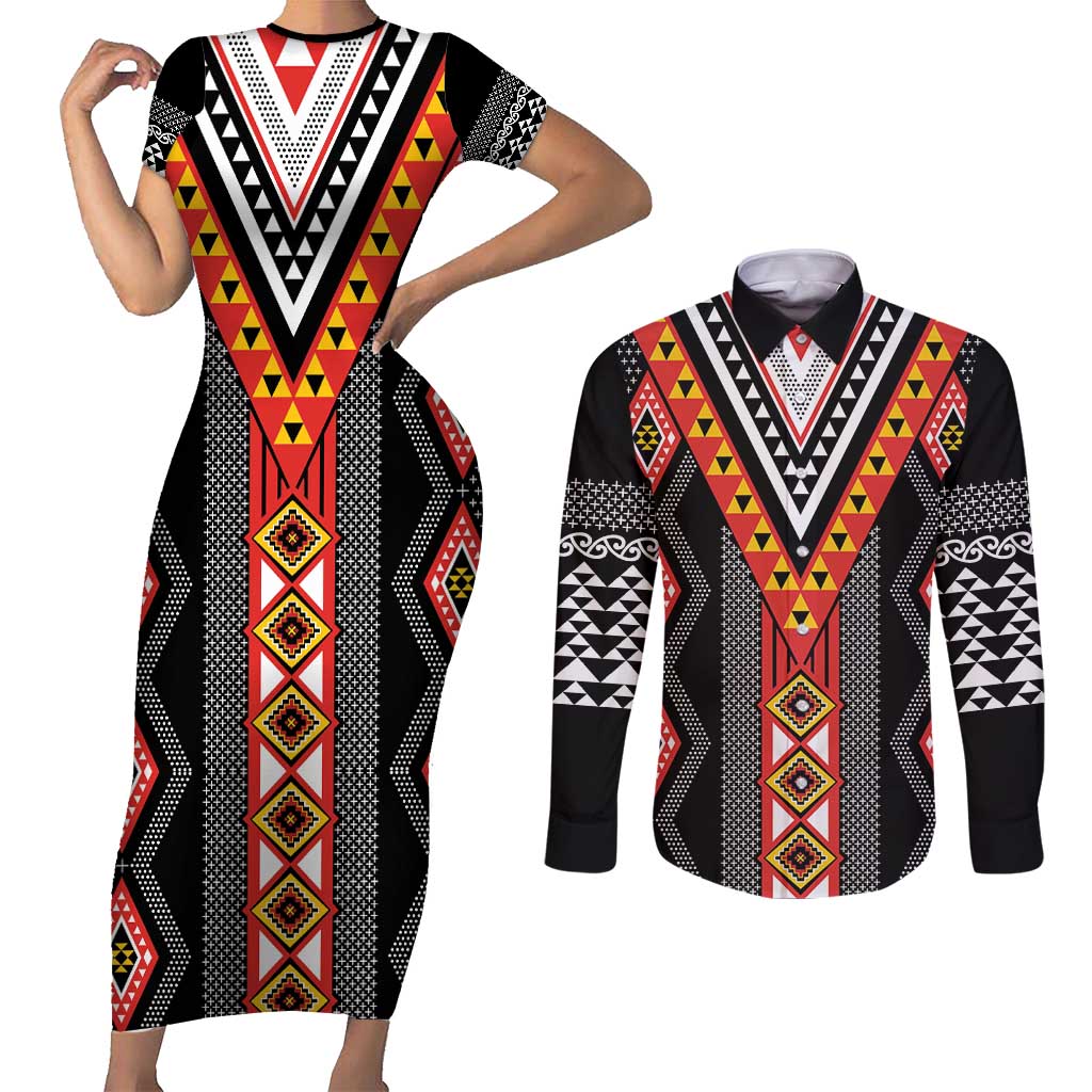 Niho Taniwha Taniko Motif Couples Matching Short Sleeve Bodycon Dress and Long Sleeve Button Shirt