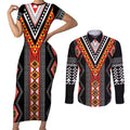 Niho Taniwha Taniko Motif Couples Matching Short Sleeve Bodycon Dress and Long Sleeve Button Shirt