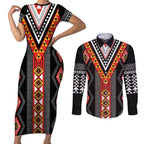 Niho Taniwha Taniko Motif Couples Matching Short Sleeve Bodycon Dress and Long Sleeve Button Shirt