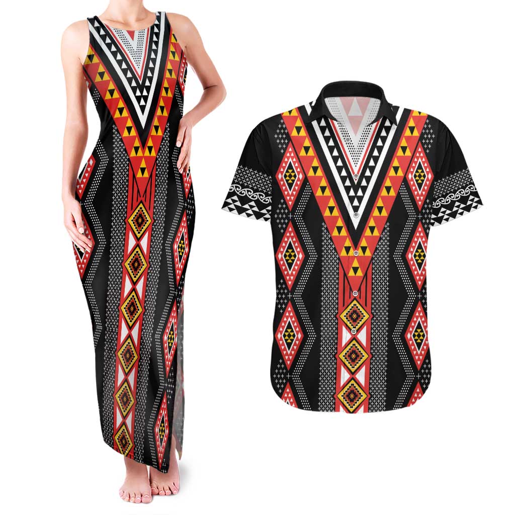 Niho Taniwha Taniko Motif Couples Matching Tank Maxi Dress and Hawaiian Shirt