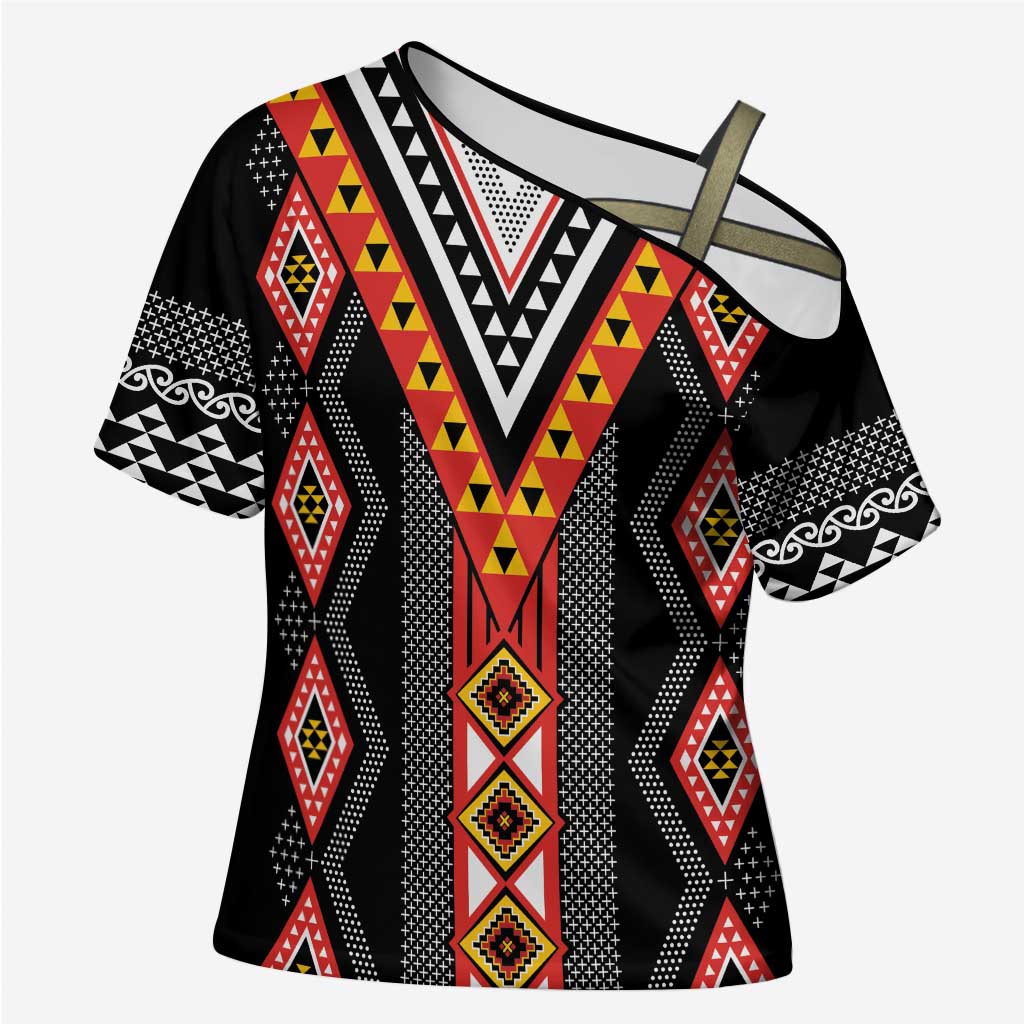 Niho Taniwha Taniko Motif Cross Shoulder Shirt - Aussie Hoodie