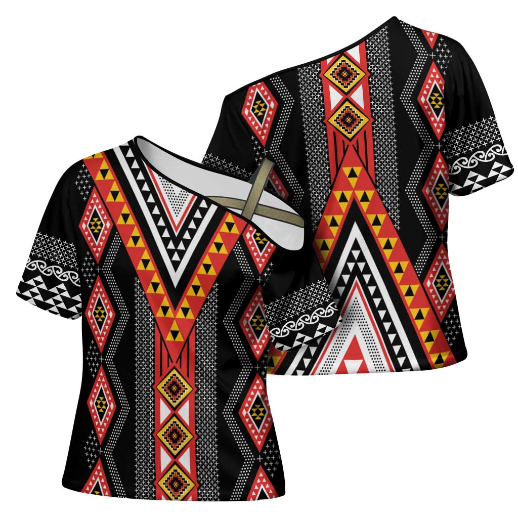 Niho Taniwha Taniko Motif Cross Shoulder Shirt - Aussie Hoodie
