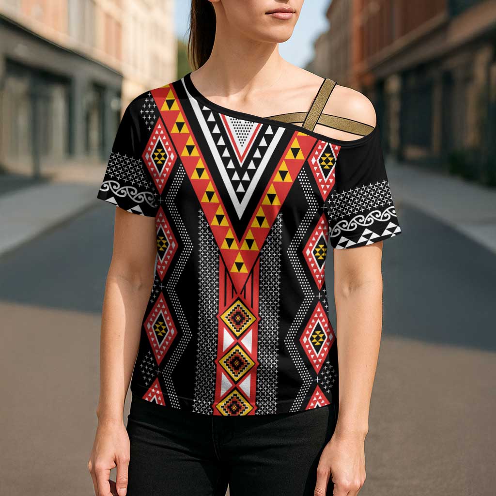 Niho Taniwha Taniko Motif Cross Shoulder Shirt - Aussie Hoodie
