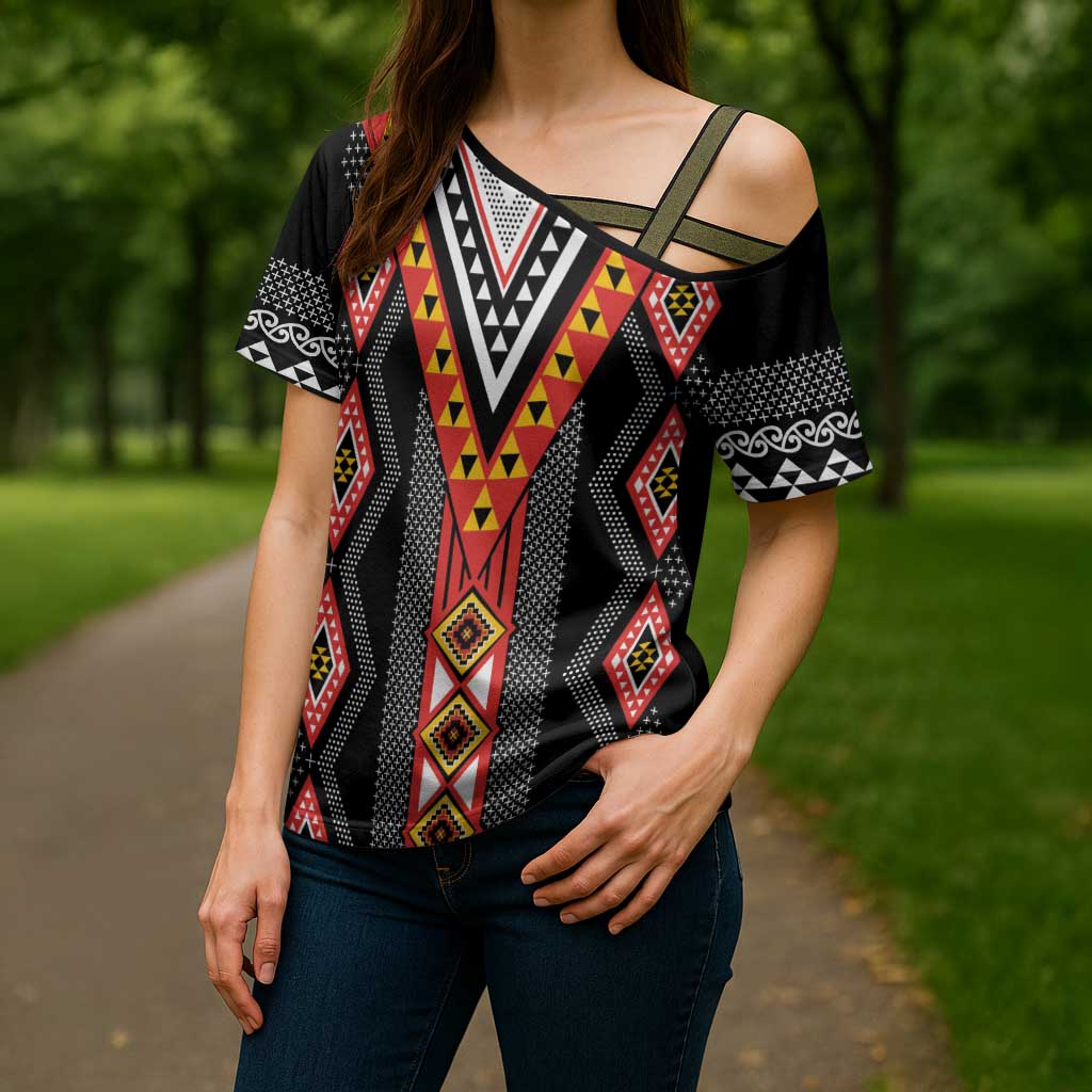 Niho Taniwha Taniko Motif Cross Shoulder Shirt - Aussie Hoodie