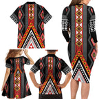 Niho Taniwha Taniko Motif Family Matching Long Sleeve Bodycon Dress and Hawaiian Shirt