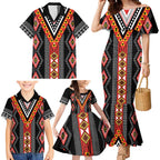 Niho Taniwha Taniko Motif Family Matching Mermaid Dress and Hawaiian Shirt