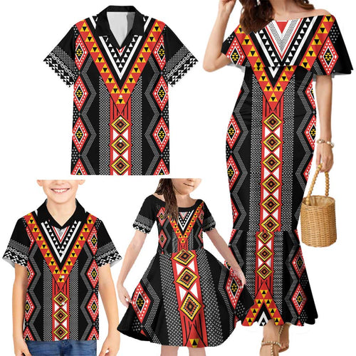 Niho Taniwha Taniko Motif Family Matching Mermaid Dress and Hawaiian Shirt