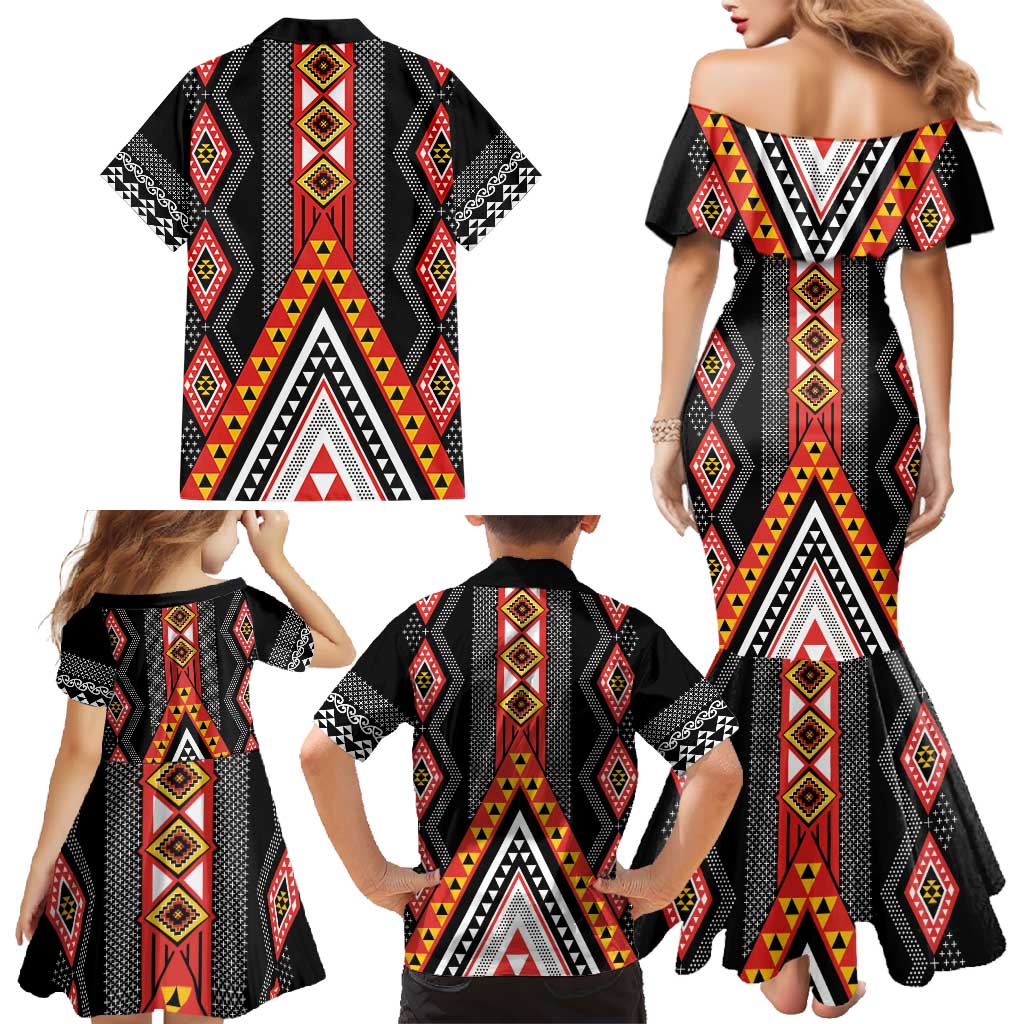 Niho Taniwha Taniko Motif Family Matching Mermaid Dress and Hawaiian Shirt