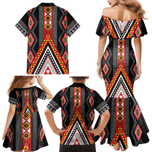 Niho Taniwha Taniko Motif Family Matching Mermaid Dress and Hawaiian Shirt