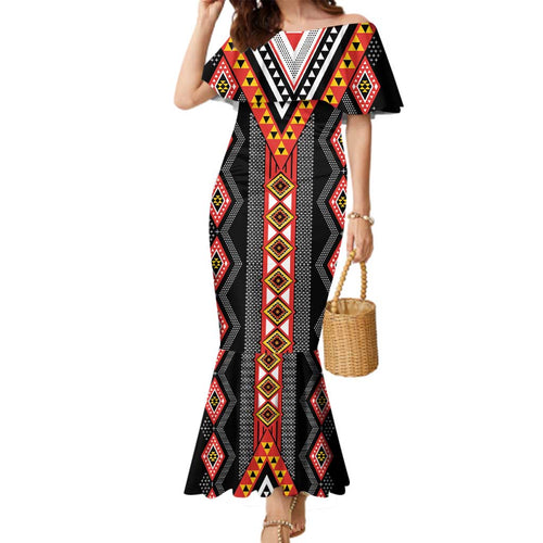 Niho Taniwha Taniko Motif Family Matching Mermaid Dress and Hawaiian Shirt