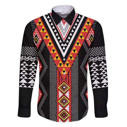 Niho Taniwha Taniko Motif Family Matching Off The Shoulder Long Sleeve Dress and Hawaiian Shirt