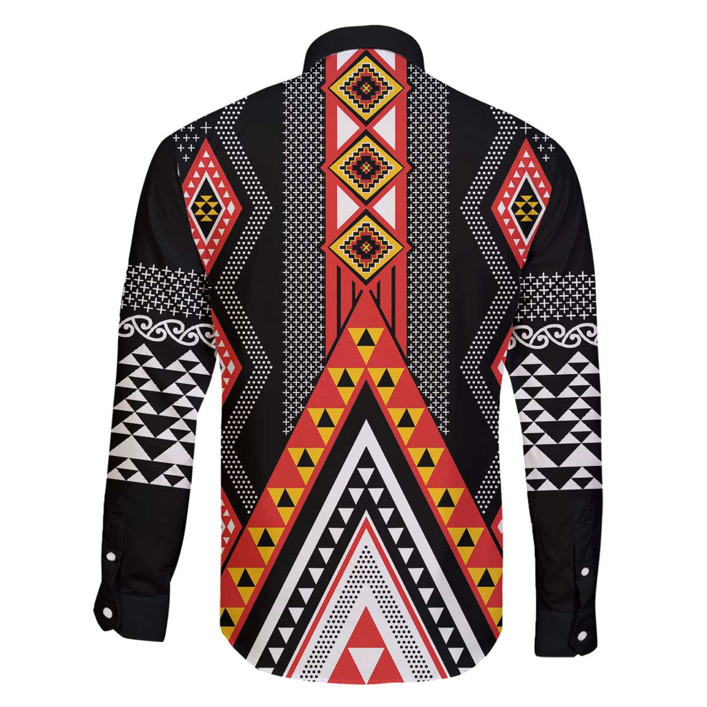 Niho Taniwha Taniko Motif Family Matching Off The Shoulder Long Sleeve Dress and Hawaiian Shirt