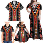 Niho Taniwha Taniko Motif Family Matching Off Shoulder Maxi Dress and Hawaiian Shirt