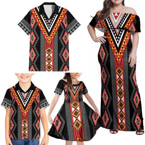 Niho Taniwha Taniko Motif Family Matching Off Shoulder Maxi Dress and Hawaiian Shirt
