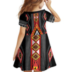Niho Taniwha Taniko Motif Family Matching Off Shoulder Short Dress and Hawaiian Shirt