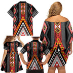 Niho Taniwha Taniko Motif Family Matching Off Shoulder Short Dress and Hawaiian Shirt