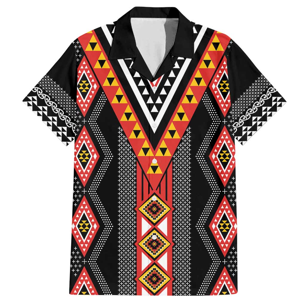 Niho Taniwha Taniko Motif Family Matching Off Shoulder Short Dress and Hawaiian Shirt