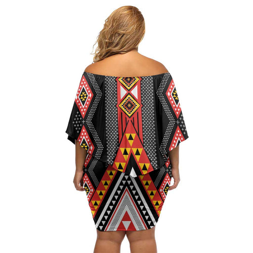 Niho Taniwha Taniko Motif Family Matching Off Shoulder Short Dress and Hawaiian Shirt