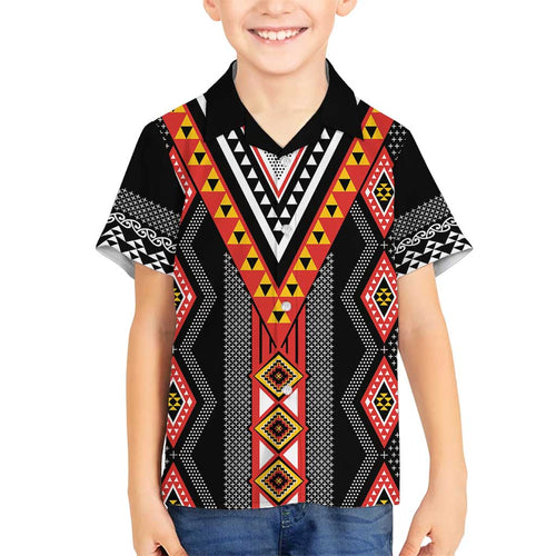 Niho Taniwha Taniko Motif Family Matching Off Shoulder Short Dress and Hawaiian Shirt
