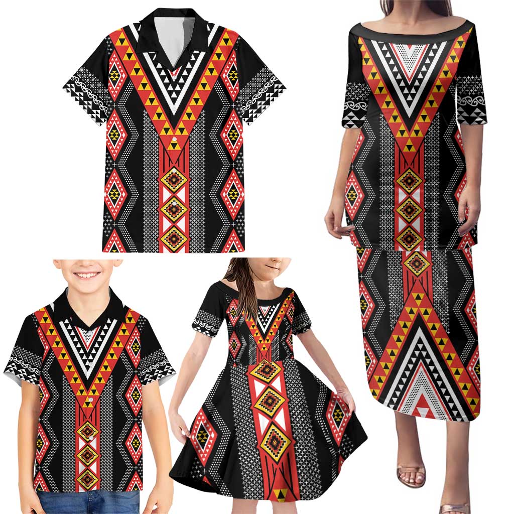 Niho Taniwha Taniko Motif Family Matching Puletasi and Hawaiian Shirt