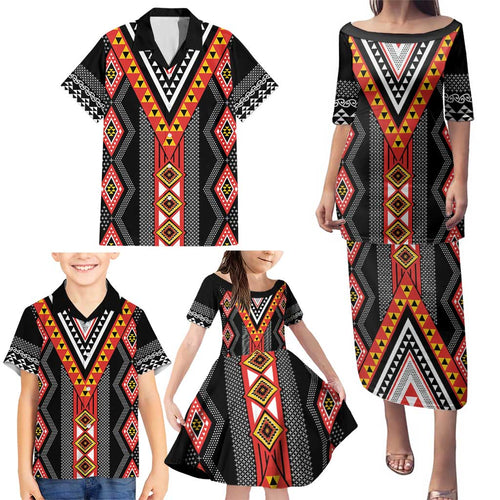 Niho Taniwha Taniko Motif Family Matching Puletasi and Hawaiian Shirt