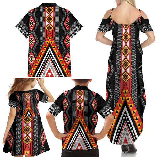 Niho Taniwha Taniko Motif Family Matching Summer Maxi Dress and Hawaiian Shirt