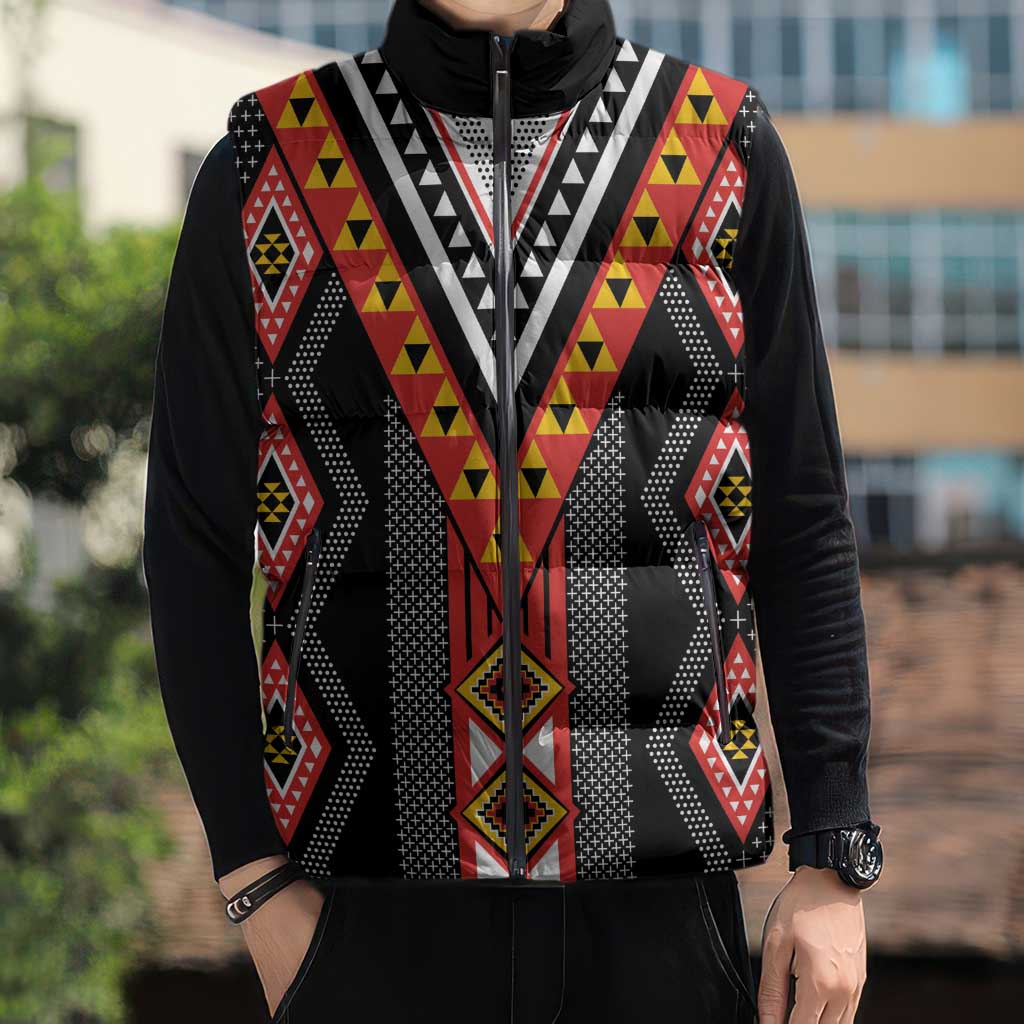 Niho Taniwha Taniko Motif Sleeveless Puffer Jacket - Aussie Hoodie